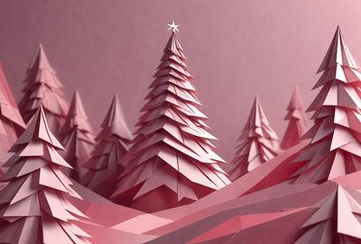 The primary subject of the image is a paper cutout of a Christmas tree. The setting is a pink background, which adds a warm and festive atmosphere to the scene. The visual style is a combination of digital art and illustration, as the tree is created using paper cutouts and placed on a pink surface. The colors and mood of the image are predominantly pink, which is associated with love, warmth, and celebration, making it an ideal choice for a Christmas-themed scene.